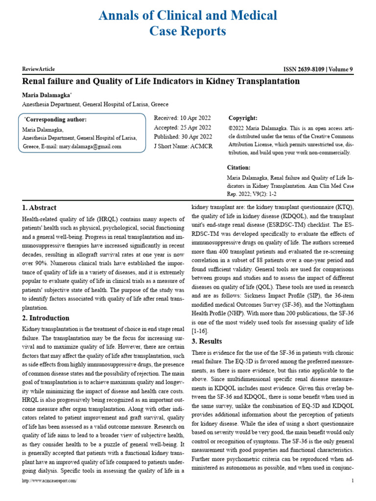 Renal Failure and Quality of Life Indicators in Kidney Transplantation ...