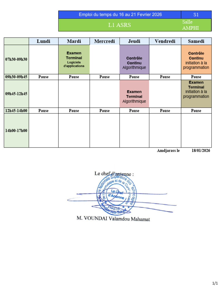 Emploi Du Temps Du 16 Au 21 Fevrier 2026 ASRS L1 | PDF
