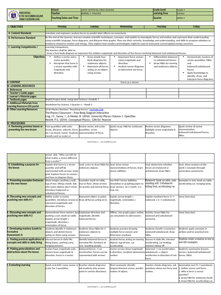 DLL Matatag Science q3 w2 Compact Edition | PDF | Force | Euclidean Vector