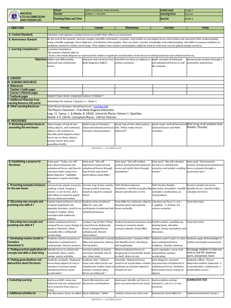 DLL Matatag Science q3 w3 Compact Edition | PDF | Force | Learning
