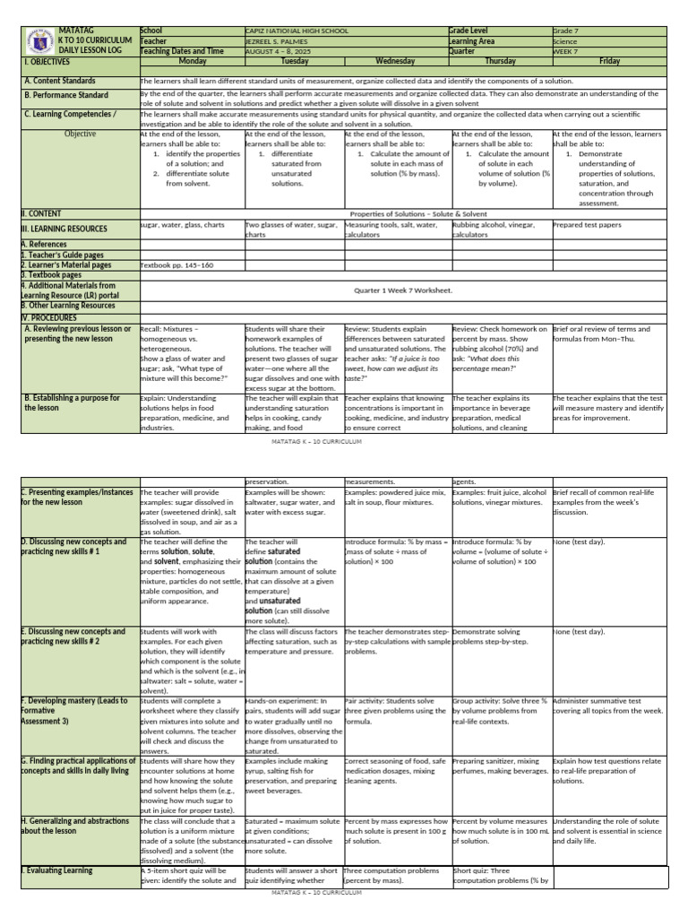 DLL Matatag Science q1 w6 Compact Edition | PDF | Mixture | Chemistry