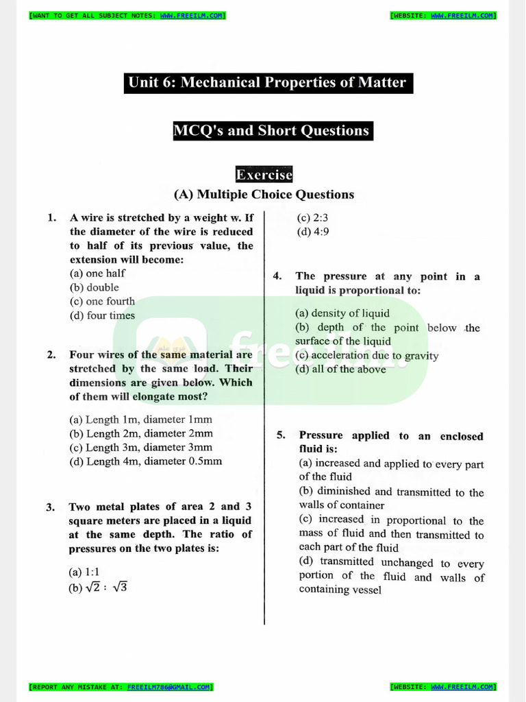 9th Phy New Ch6 MCQs and SQ | PDF