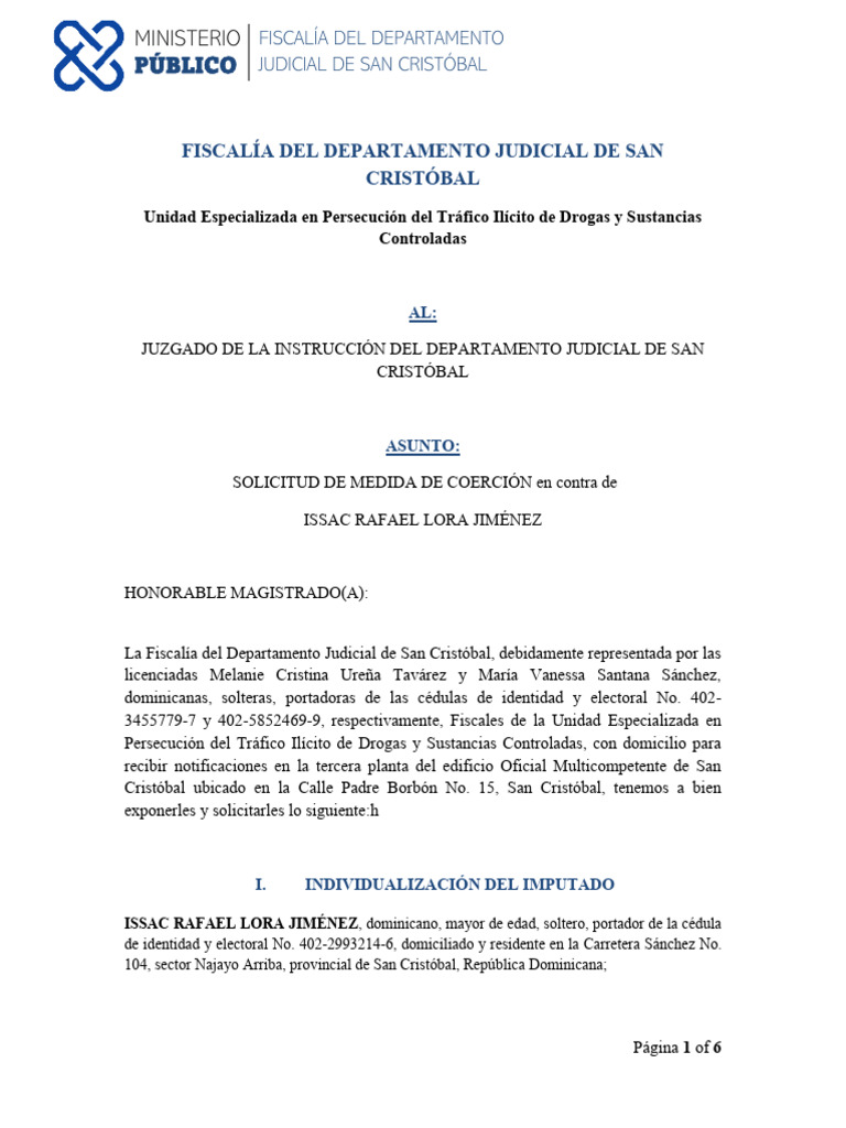 (MP) Solicitud de Medida de Coerción Contra Issac Rafael Lora Jiménez ...