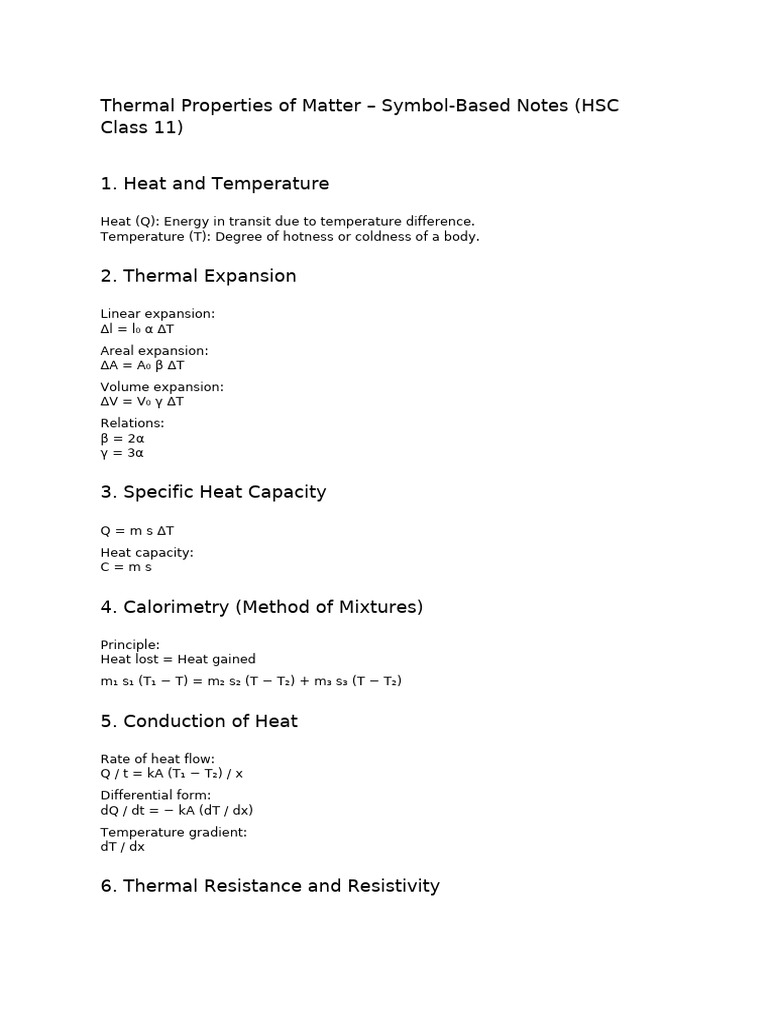 Thermal Properties of Matter Symbol Notes | PDF
