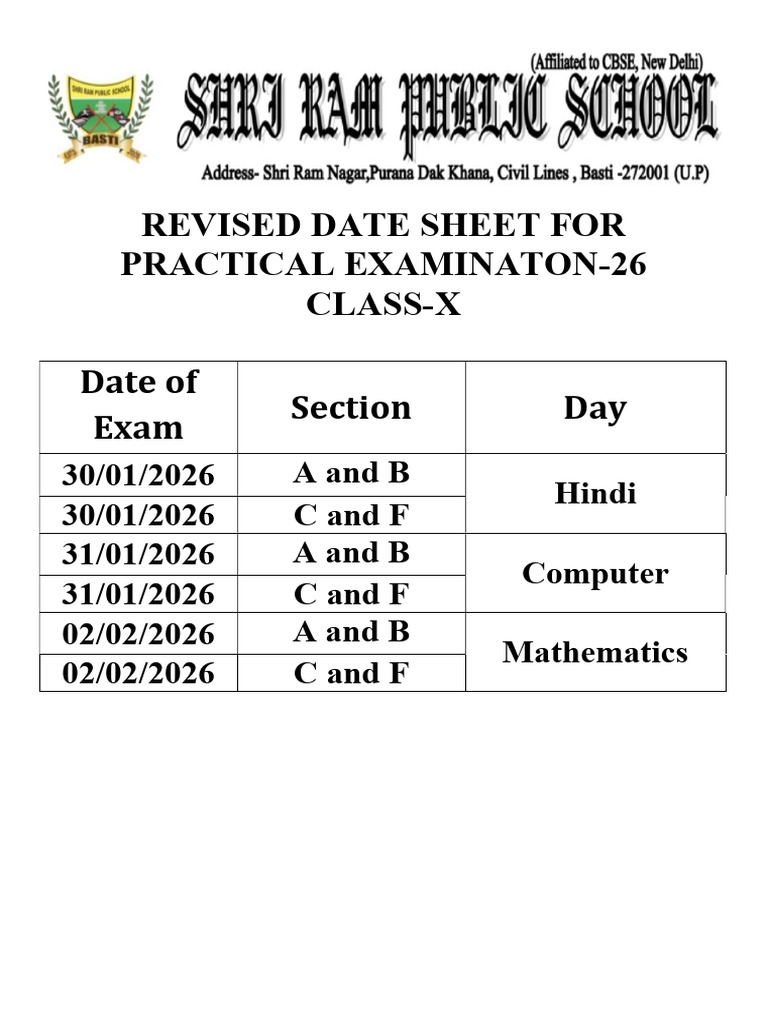 Revised Cbse Practical Datesheet Class-10 | PDF