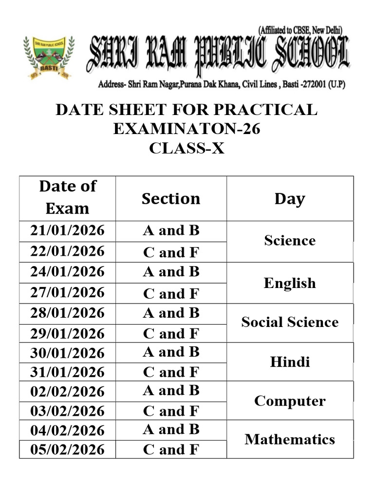 Practical Date Sheet For Class X | PDF