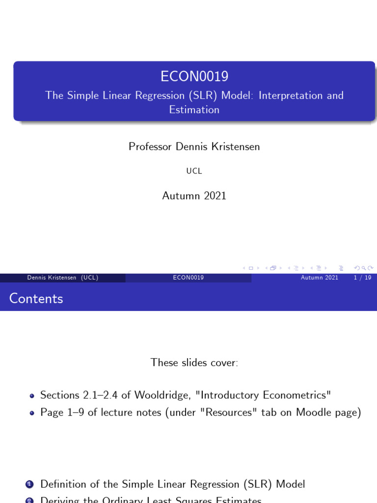ECON0019 Week1 SLR Model | PDF | Ordinary Least Squares | Estimator