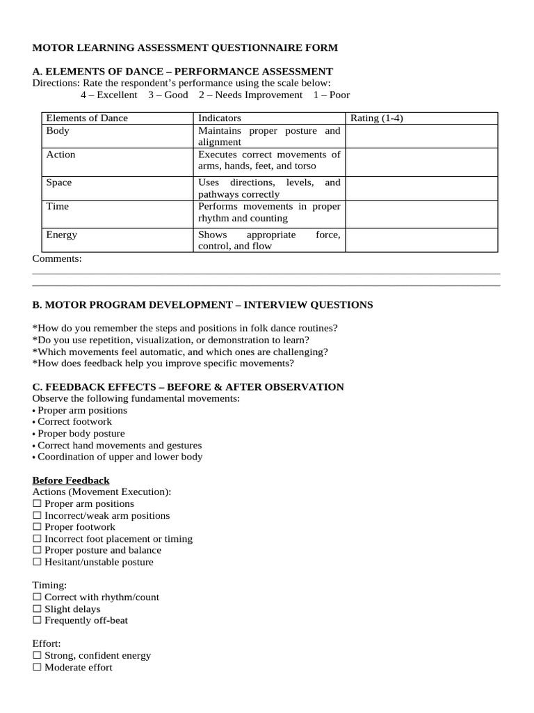 Assessment Questionnaire Form | PDF | Dances | Learning