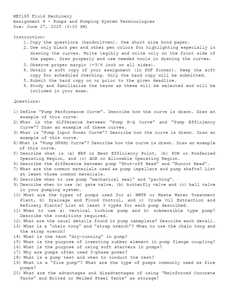 Assignment No.4 Pumps and Pumping System Terms | PDF | Pump ...