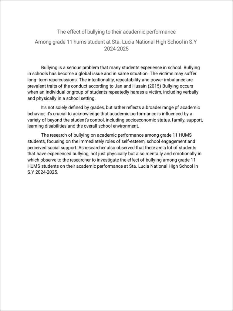 The Effect of Bullying To Their Academic Performance | PDF | Bullying ...