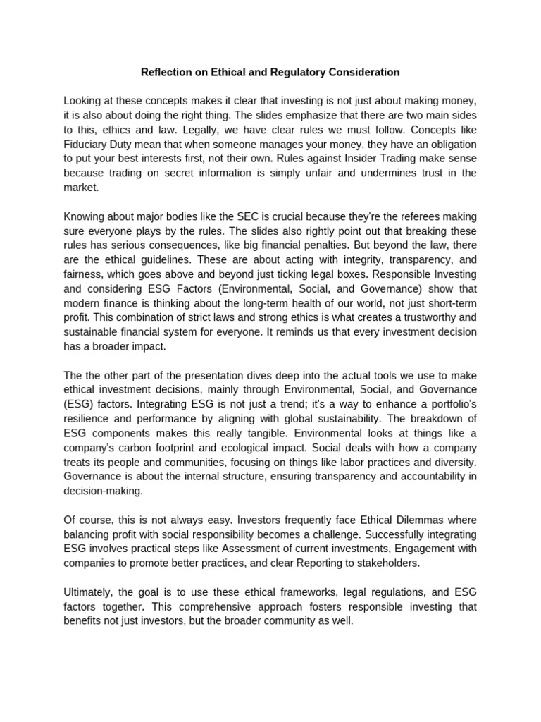 Group 12 IFM Reflection On Ethical and Regulatory Consideration | PDF ...