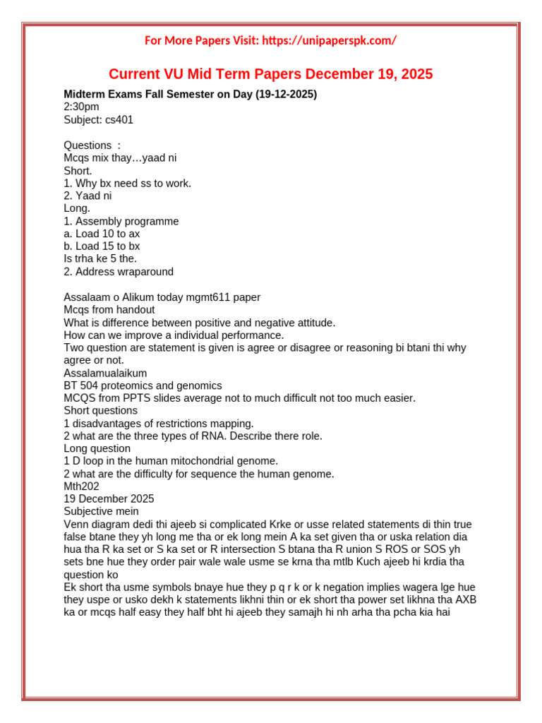 Virtual University Midterm Papers All Subjects 19 December 2025 | PDF ...