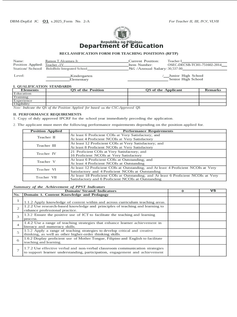 Reclassification Form Teacher I VI | PDF | Learning | Educational ...