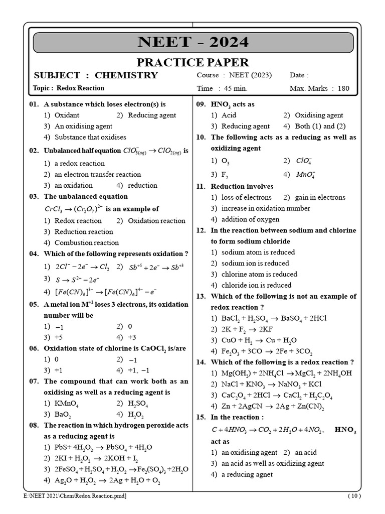 Redox Reaction Practice Paper 02 | PDF | Redox | Chemical Reactions