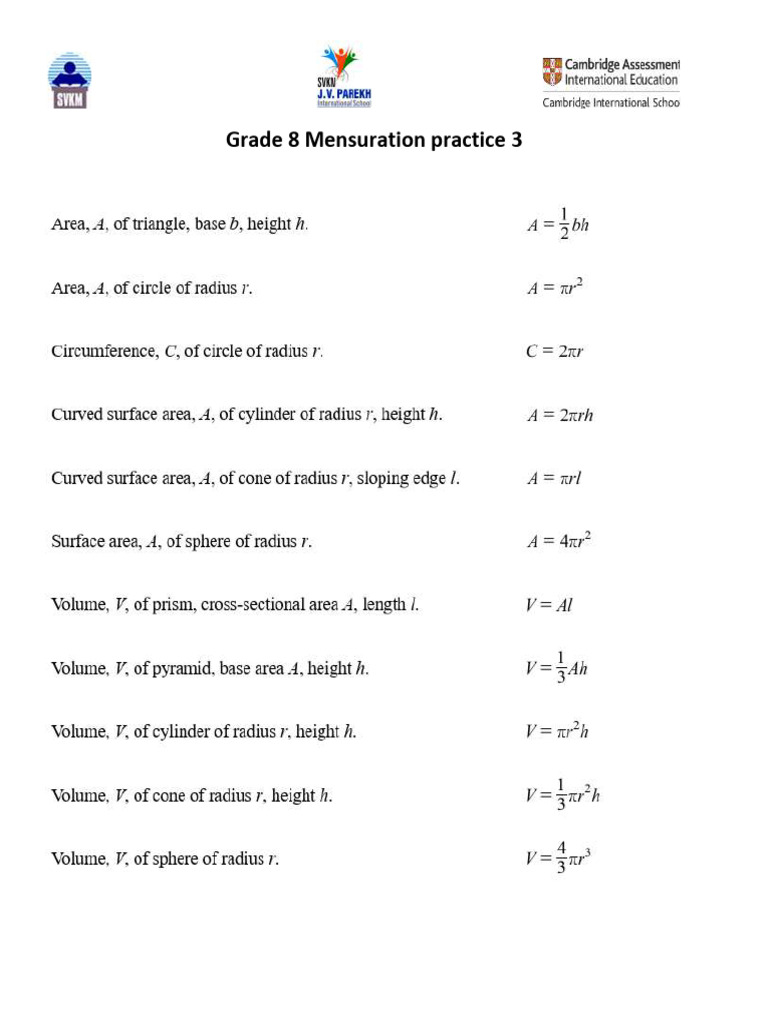 G8 Math Mensuration Practice 3 | PDF
