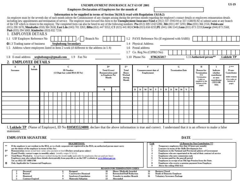 Form UI-19 - Declaration of Information of Commercial Employees and ...