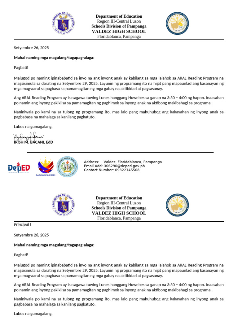 ARAL PROGRAM LETTER For Implementation | PDF