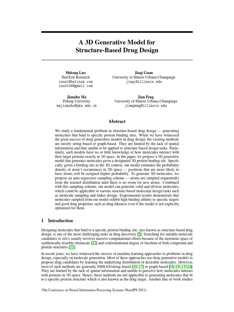 NeurIPS 2021 A 3d Generative Model For Structure Based Drug Design ...