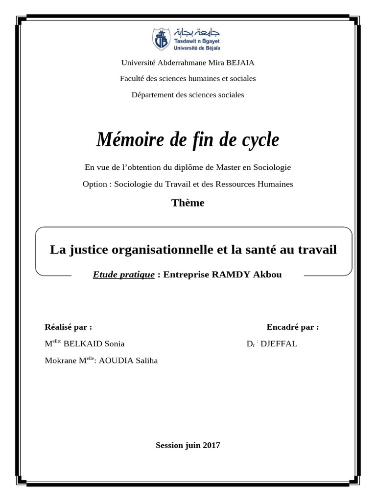 Mémoire de Fin de Cycle: La Justice Organisationnelle Et La Santé Au ...