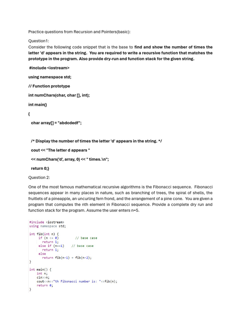 Practice Questions From Recursion and Pointers | PDF | Pointer ...