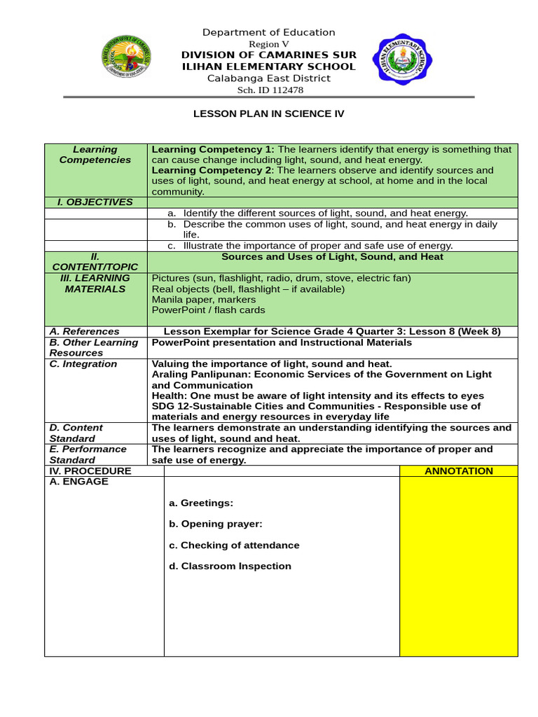Lesson Plan in Science Iv-3rd Quarter | PDF | Learning | Light