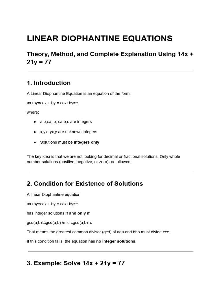 Linear Diophantine Equations | PDF | Equations | Factorization