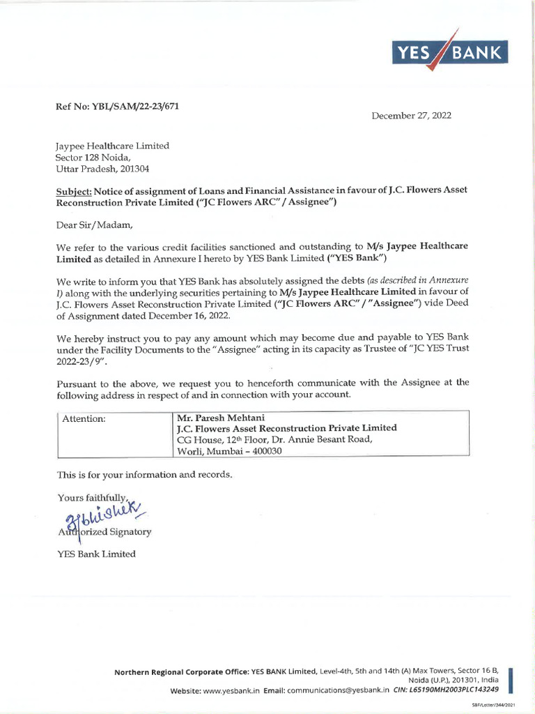 JCF Intimation Letter - JHL | PDF