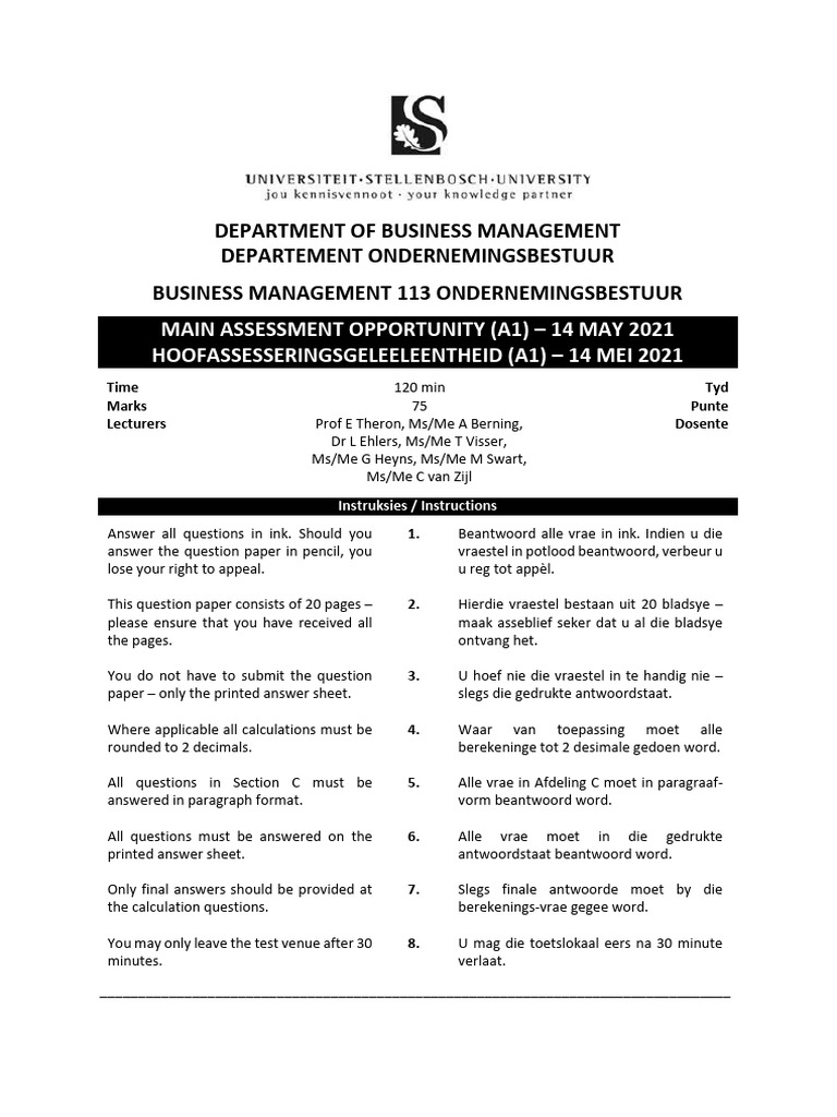 Department of Business Management Departement Ondernemingsbestuur ...