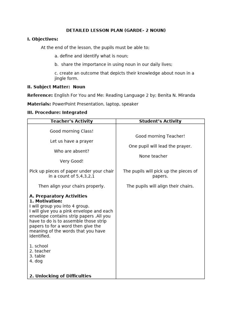 Detailed Lesson Plan Noun | PDF | Teachers | Lesson Plan