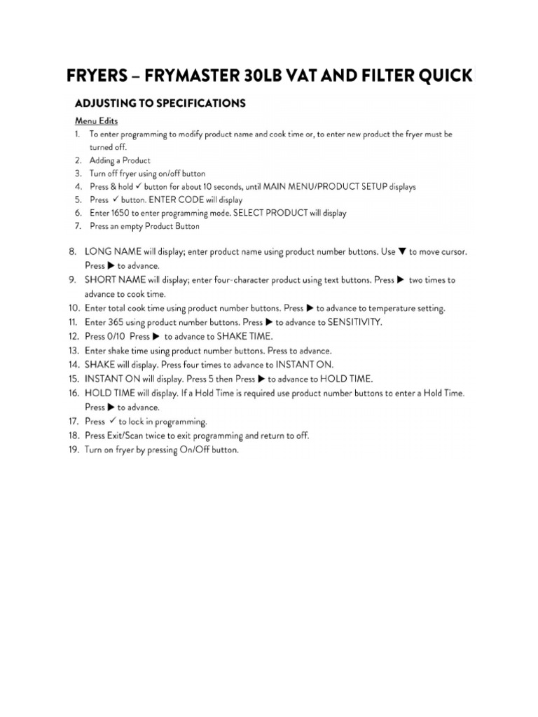 30# Fryer Timer Program Instructions | PDF
