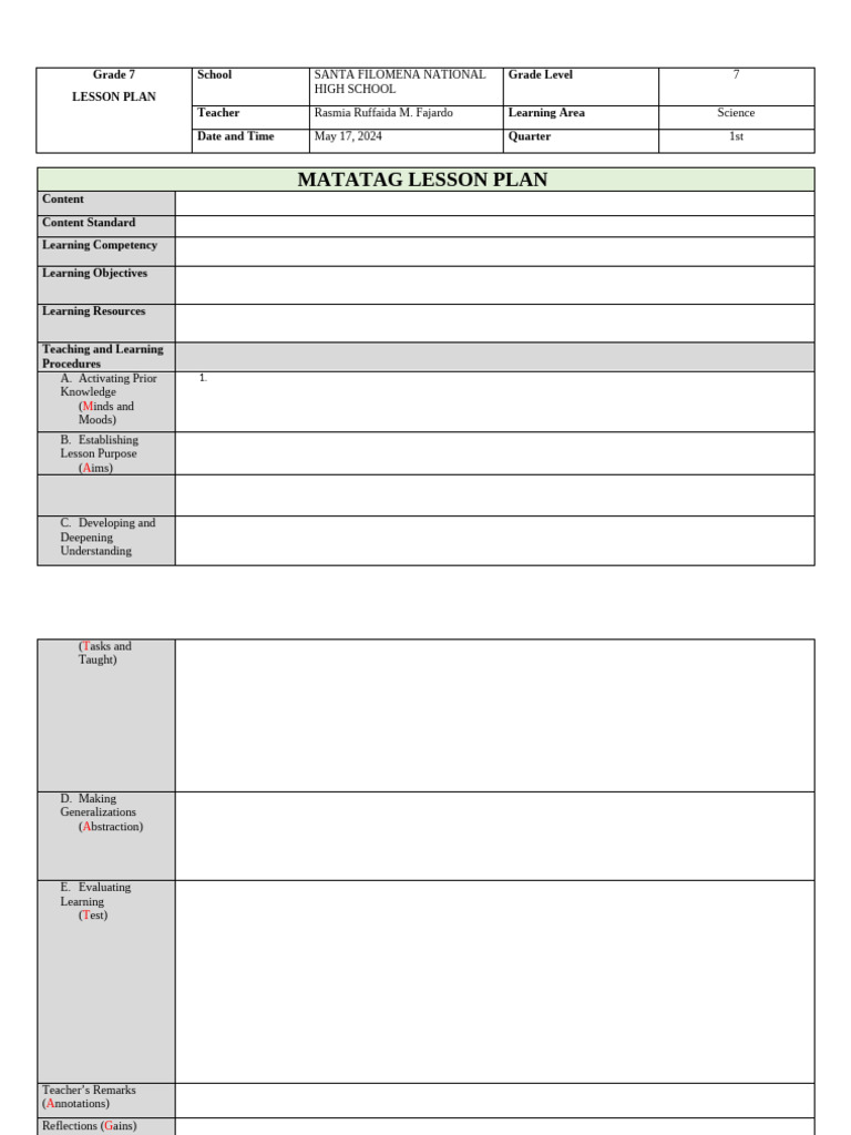 Matatag Lesson Plan For Demo Template | PDF