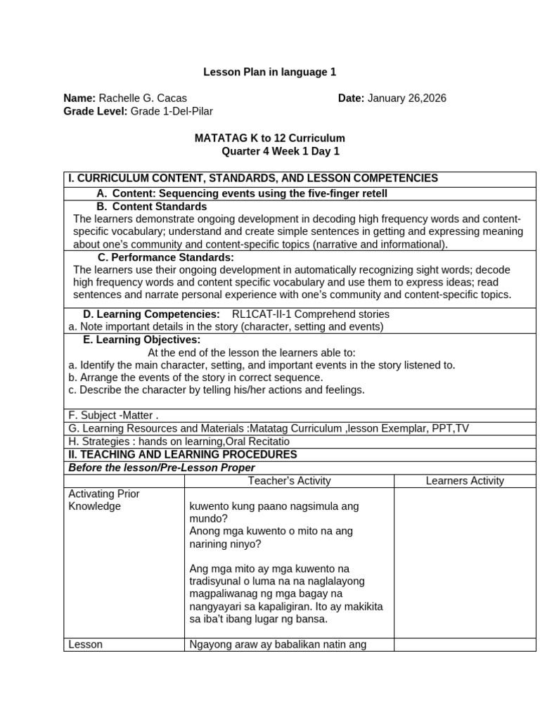 Lesson Plan in Language 1 Q 4 Week 8 Day1 Final | PDF