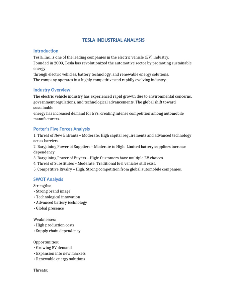 Tesla Industrial Analysis | PDF | Electric Vehicle | Renewable Energy