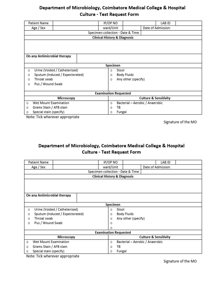 Microbiology Culture Request Form 21025 | PDF | Human Diseases And ...