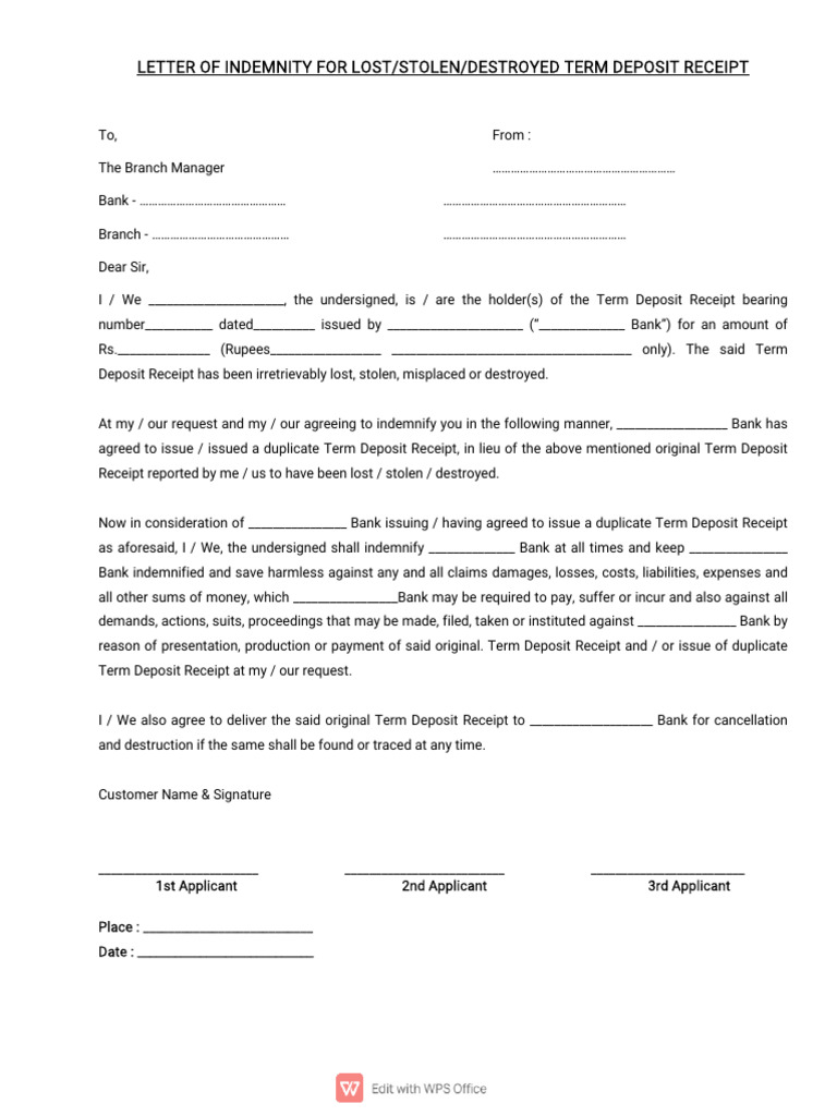 Letter of Indemnity For Loststolendestroyed Term Deposit Receipt | PDF