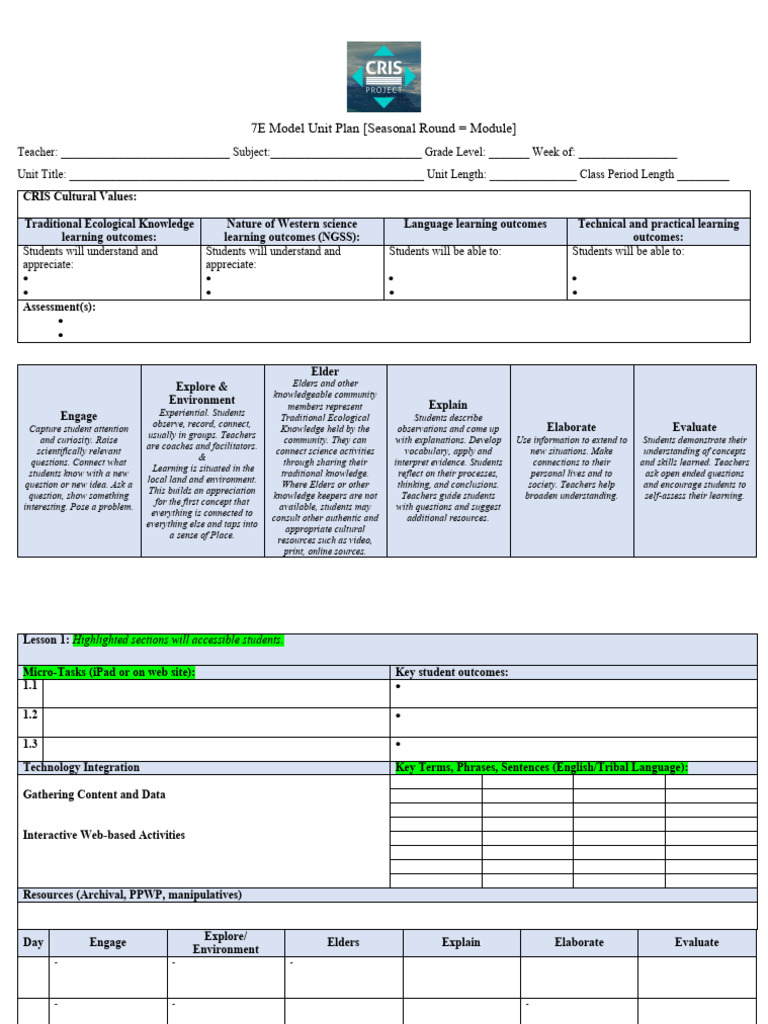 CADRE - NSF CRIS 7E Model Unit Planning Template | PDF | Learning ...