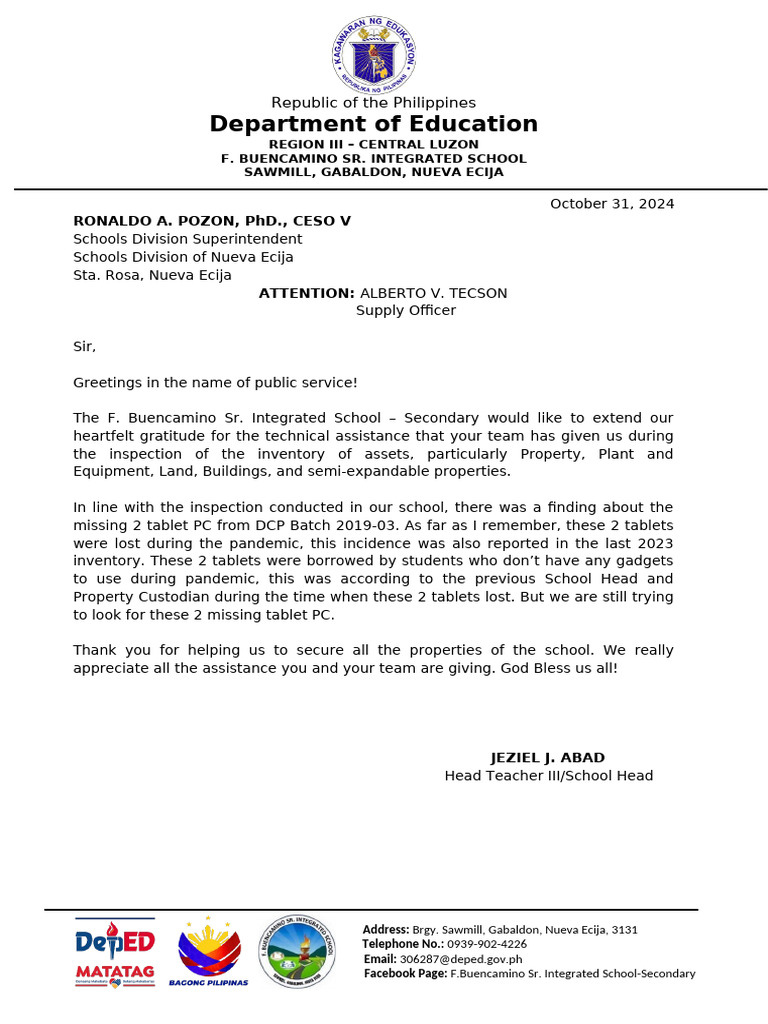 Letter For Inventory Findings | PDF