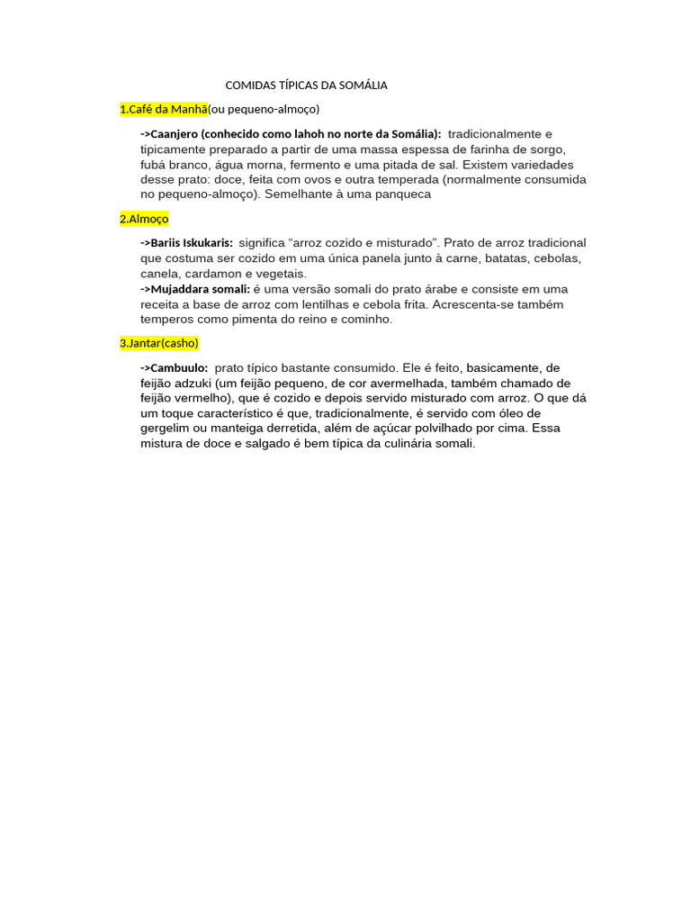 Comidas Típicas Da Somália | PDF