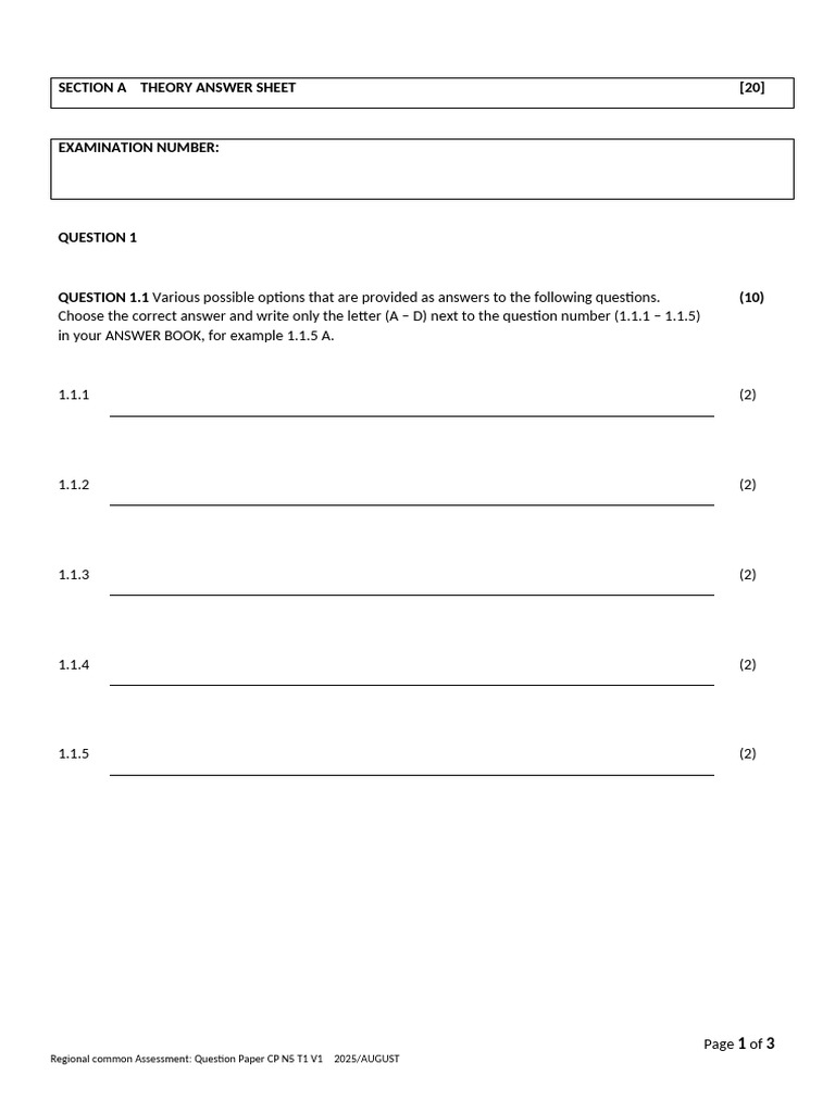 CP n5 t1 v1 Section A Theory Answer Sheet | PDF