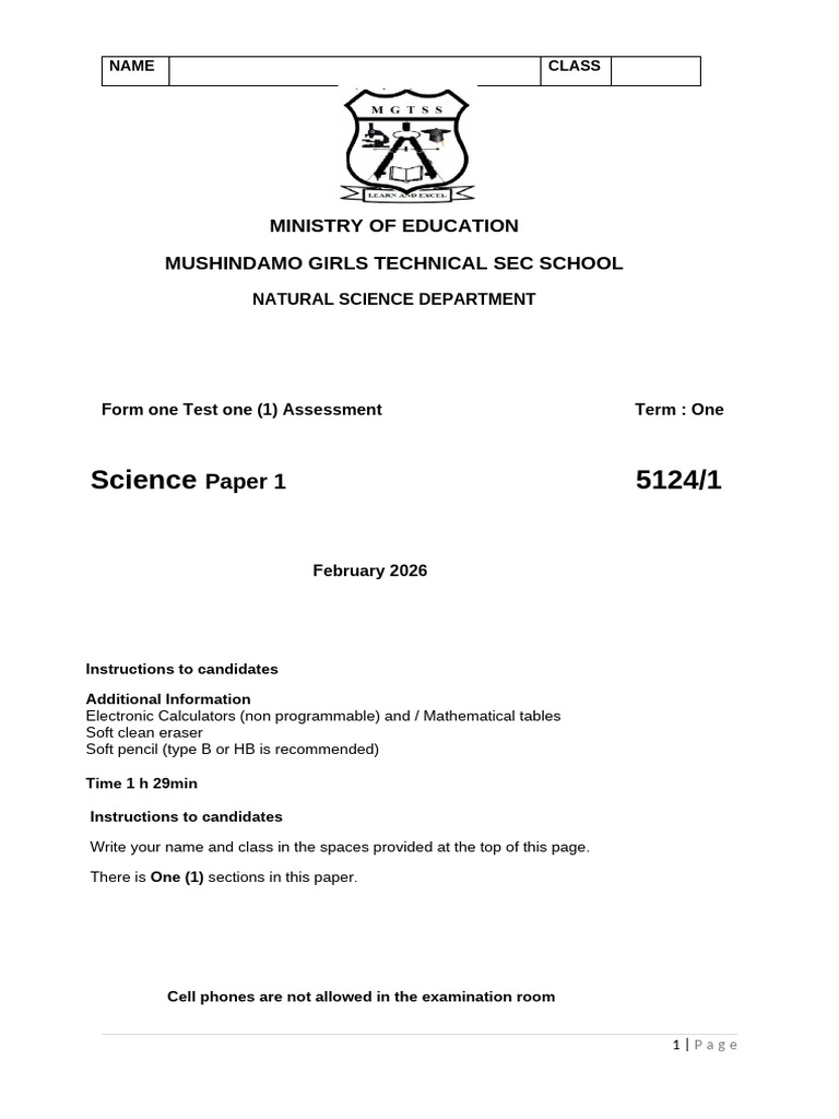Form 1 Term One Test 1 2026 | PDF