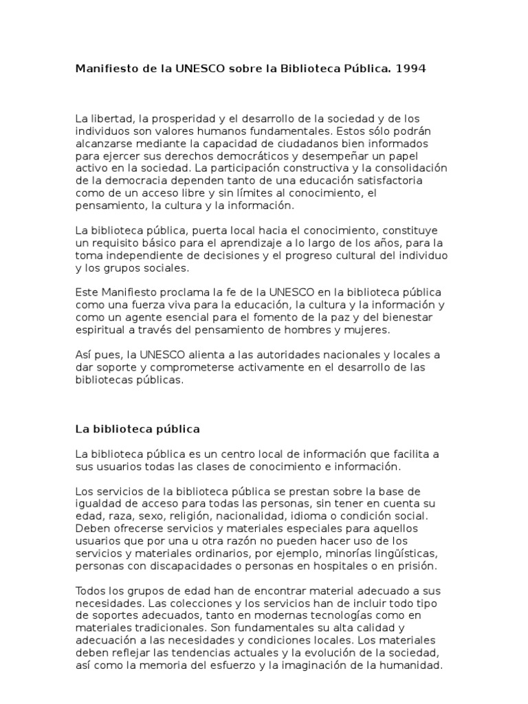 Manifiesto de La UNESCO Sobre La Biblioteca Pública PDF Educación
