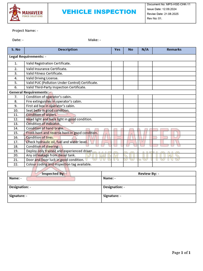 MPS HSE Vehicle Inspection Checklist | PDF