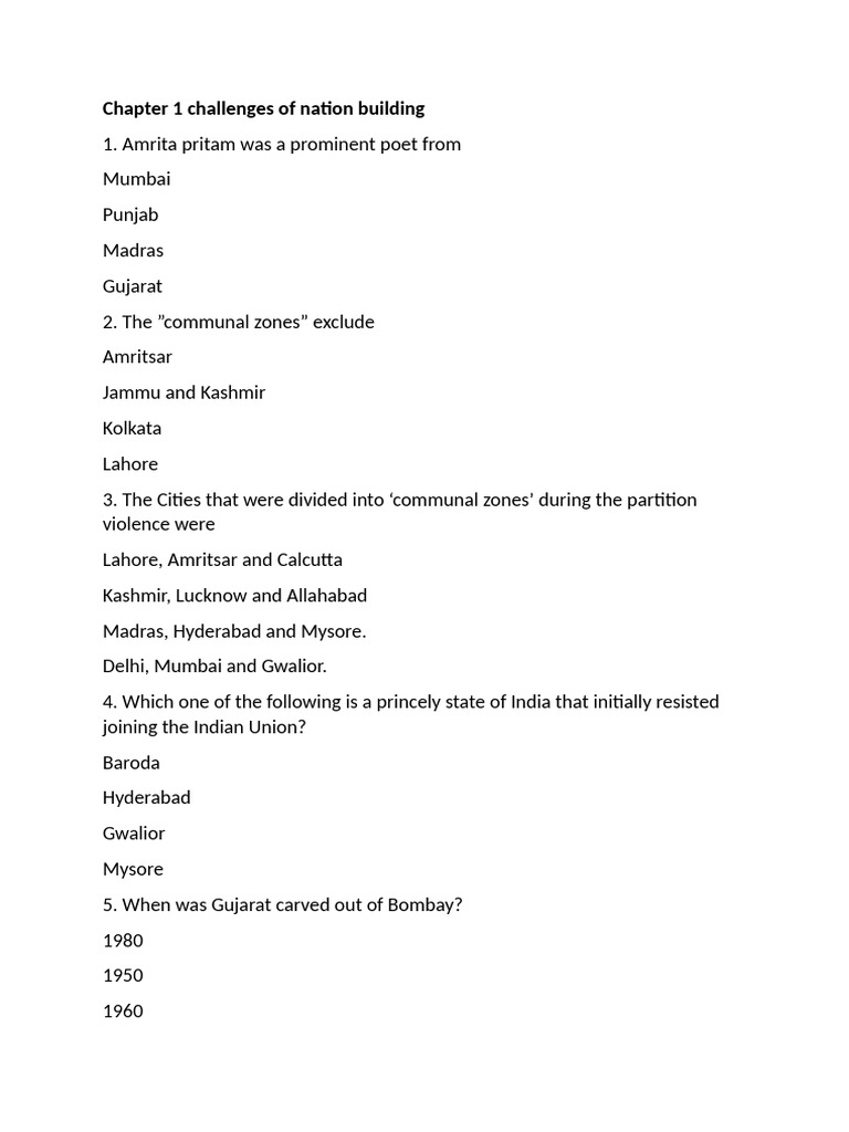 Chapter 1 Challenges of Nation Building | PDF | Partition Of India ...