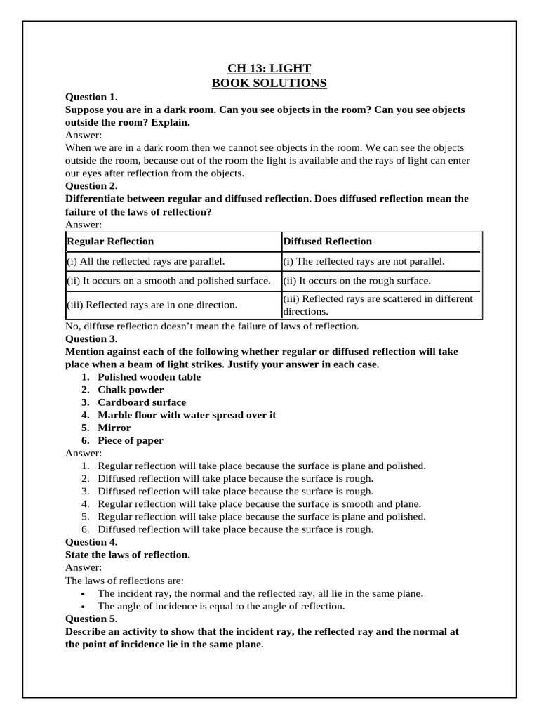 G8 CH 13 Light Solutions | PDF | Mirror | Reflection (Physics)
