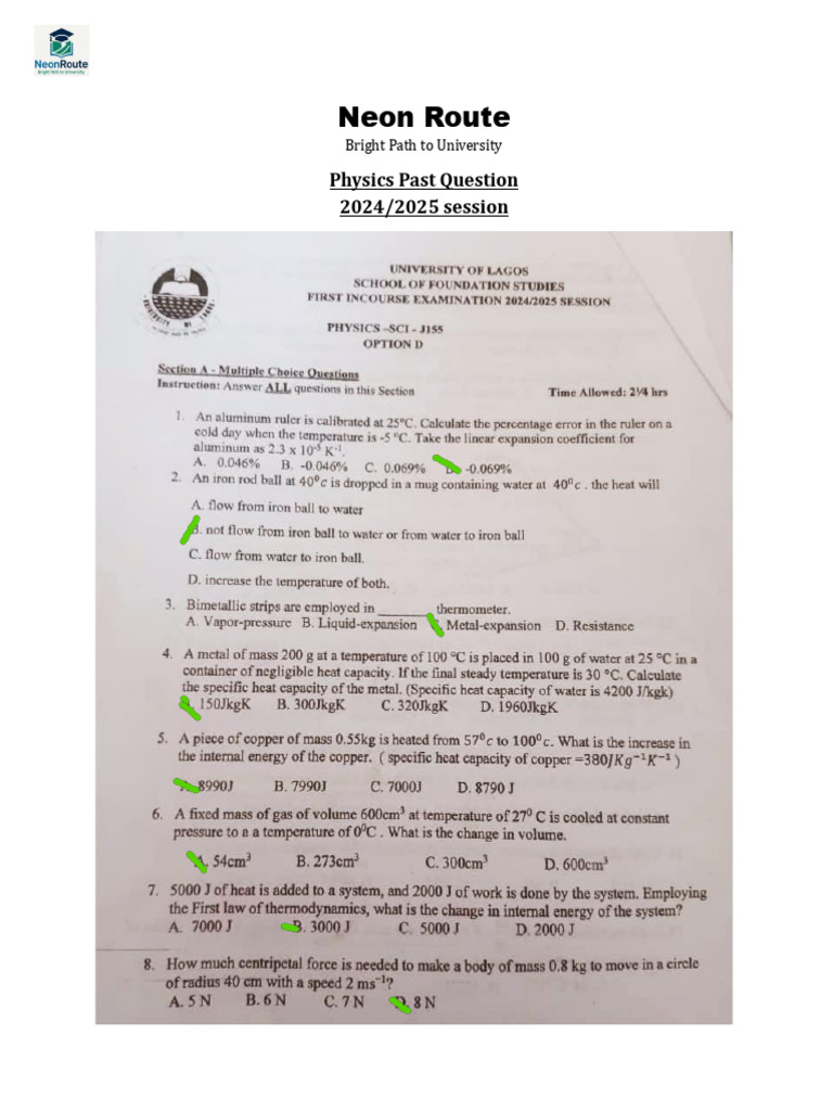 2024-25 Physics First Incourse Past Question for UNILAG Jupeb ...