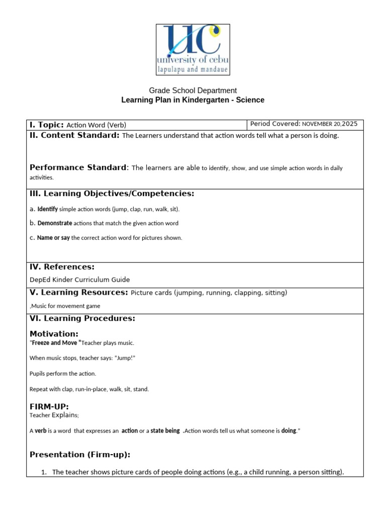Kindergarten Lesson Plan Language | PDF | Teachers | Learning