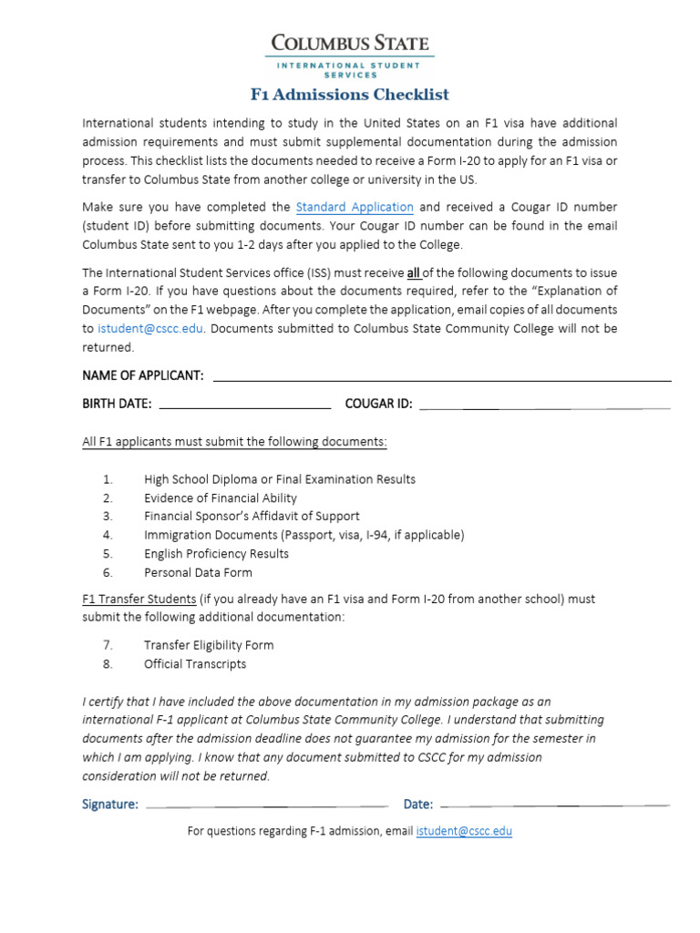F1 Admissions Checklist | PDF