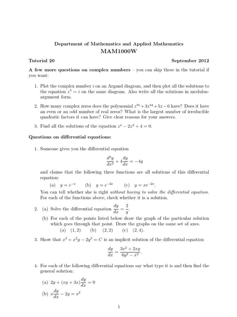 Tutorial+20+-+2012+_Differential+Equations_ | PDF | Equations | Numbers