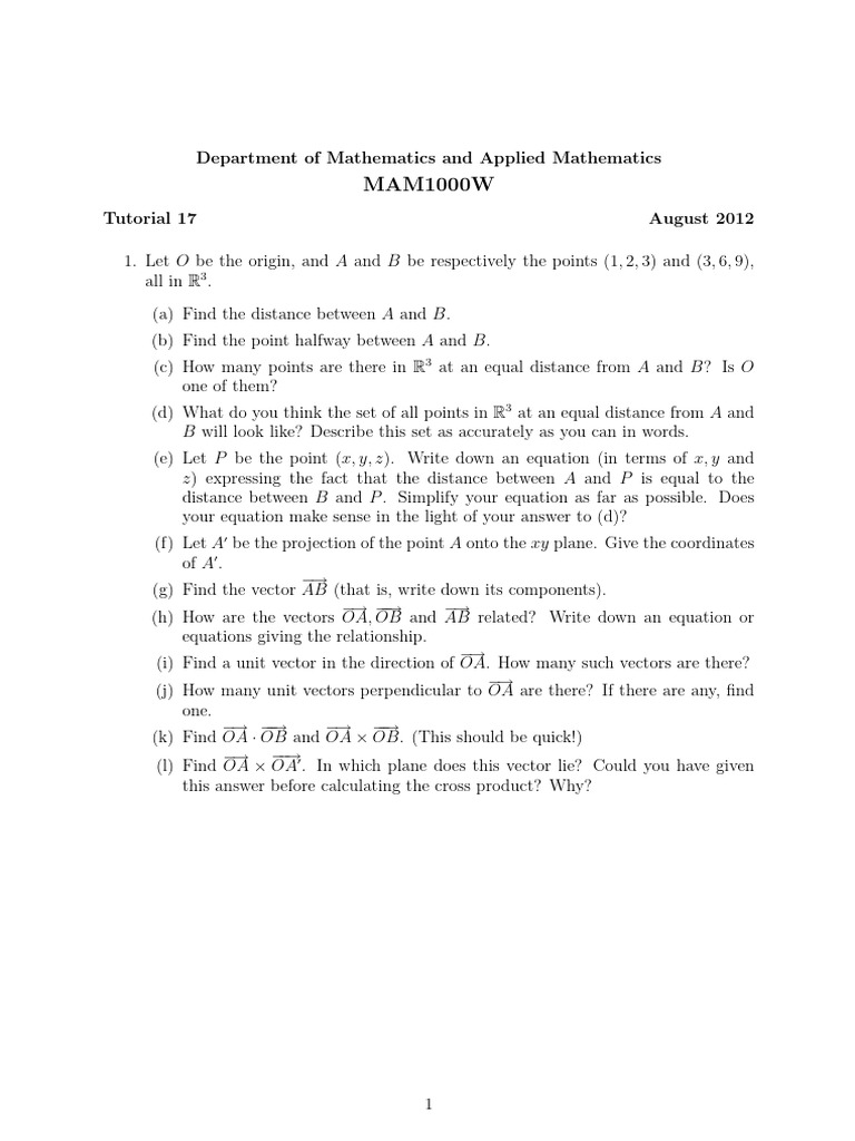 Tutorial+17+-+2012+ Vectors+-+dot+and+cross+product | PDF | Euclidean ...