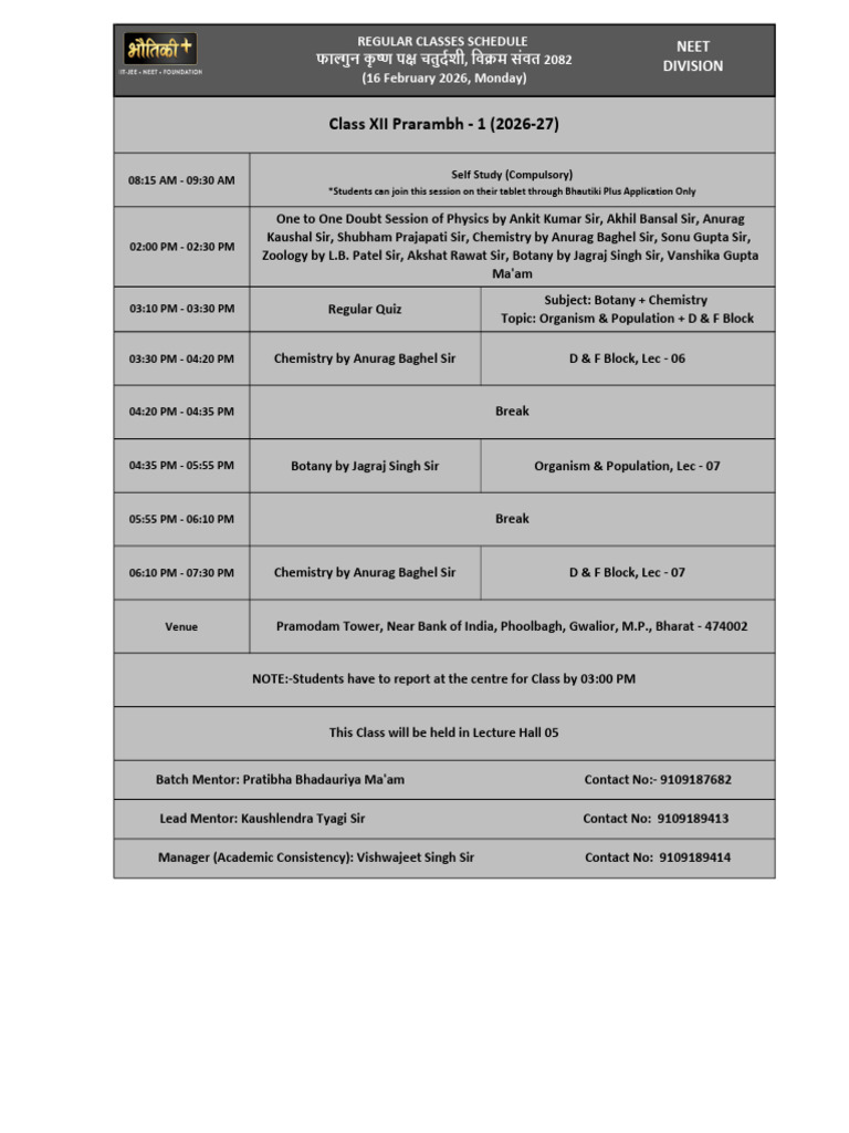 Regular Schedule - NEET Division (16!02!2026) | PDF | Physical Sciences